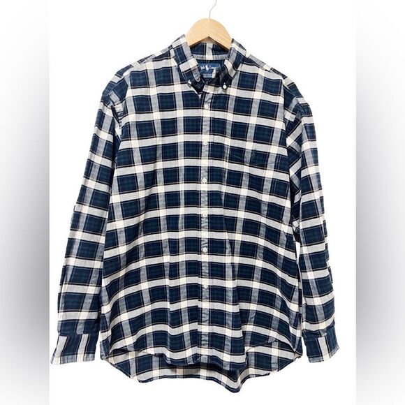 Ralph Lauren Men's Big Shirt 100% Cotton Plaid Button Down Blue Green Shirt L - Picture 1 of 3